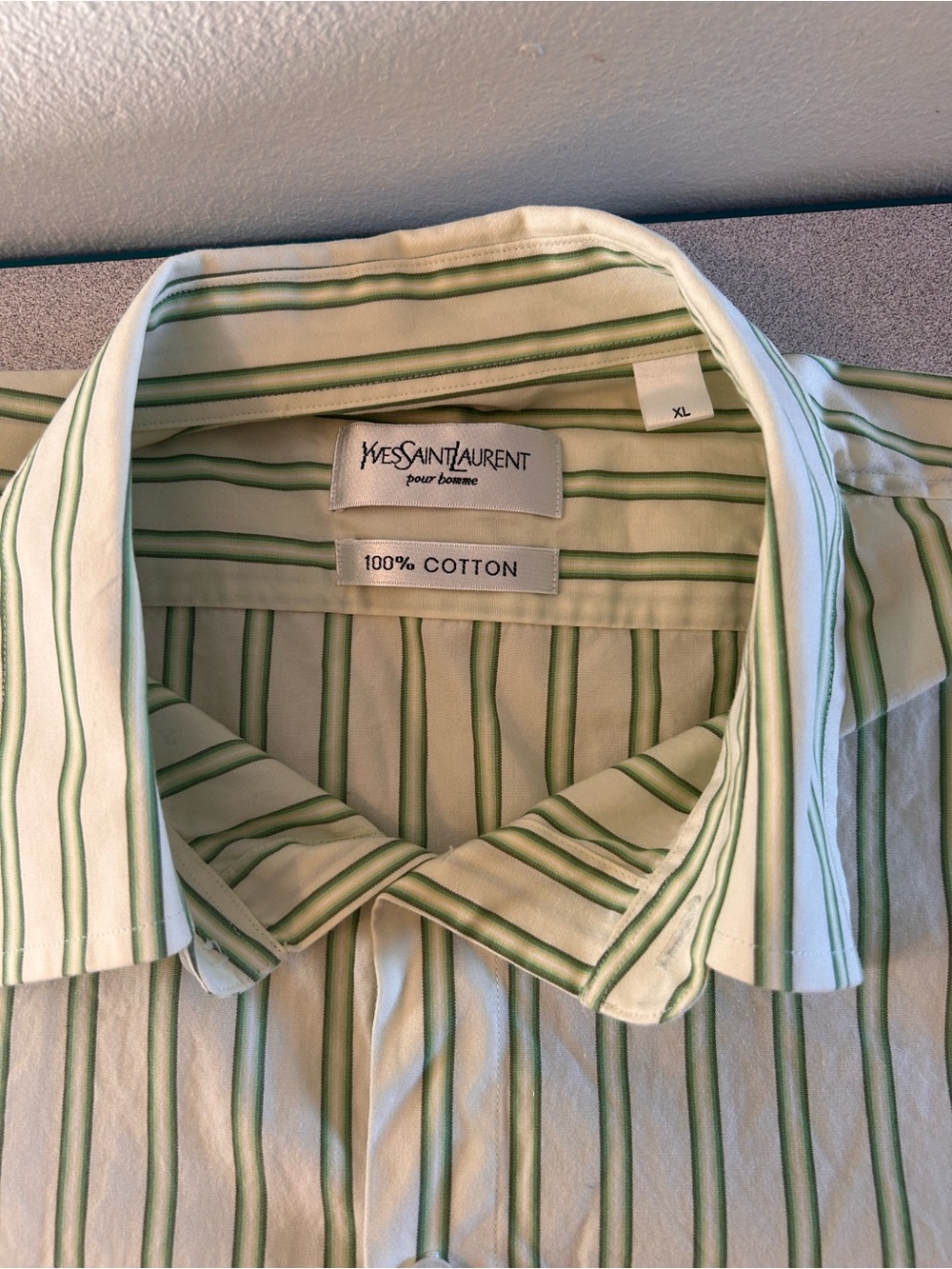 Yves Saint Laurent Cream and Green Striped Cotton Button-Down Shirt
